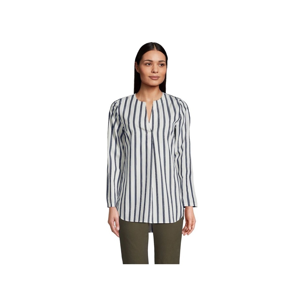 Lands' End Blue, White Modest Supima Cotton Neck Soft Tunic IVORY/NAVY stripes